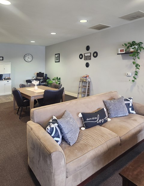 A living room with a couch, chairs, and a dining table.