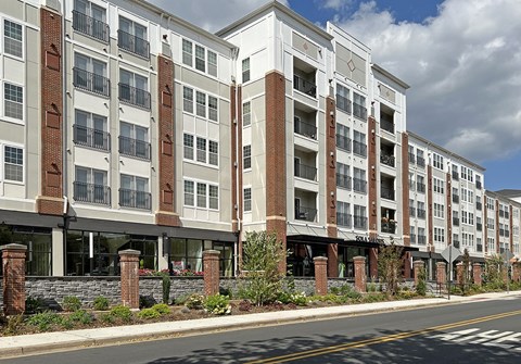 A row of apartment buildings with balconies and flower pots.