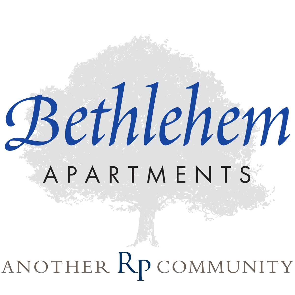the logo apartments is a blue and white rectangle with the words