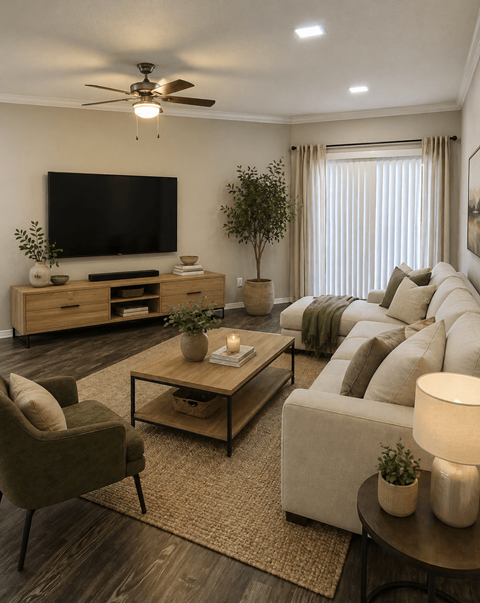 A living room with a television, a couch, a chair, a coffee table, and a plant.
