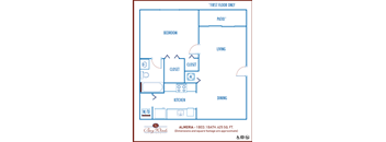 One bedroom floor plan Entry with monument sign Bay Winds Apartments in Miami Florida