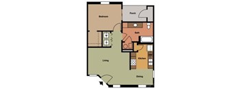 A floor plan of a house with a bedroom, living room, kitchen, dining room, bathroom, and a porch.