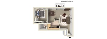 A 3D floor plan of a small apartment with a bedroom, living room, and kitchen.