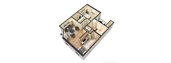 Apartment floor plan with a living room, kitchen, and two bedrooms.