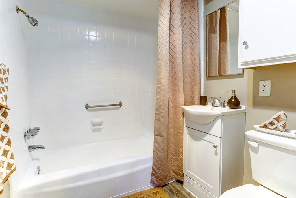 a bathroom with a tub and a sink and a toilet