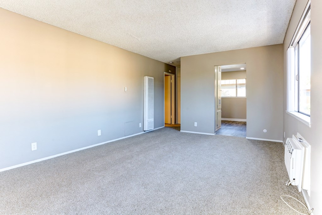 an empty living room with white carpet and blue walls