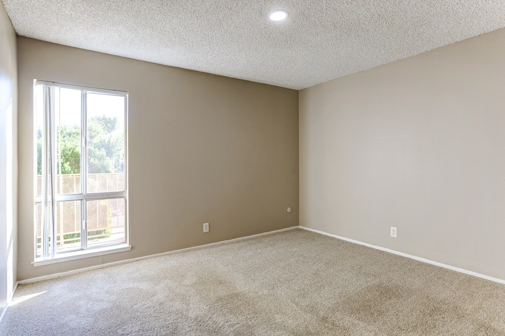 an empty living room with a window and carpet