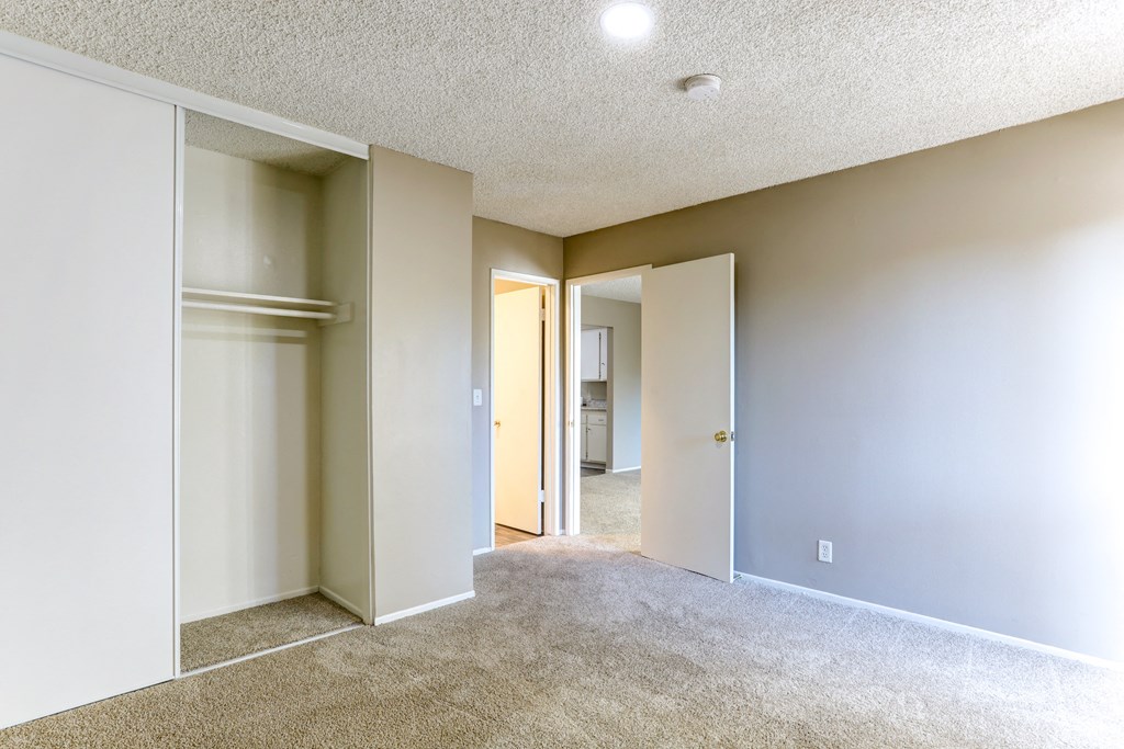 an empty living room with mirrored closet doors