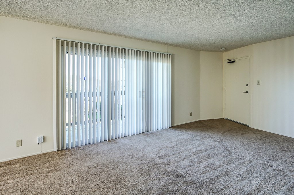 a bedroom with a large window and carpeted flooring