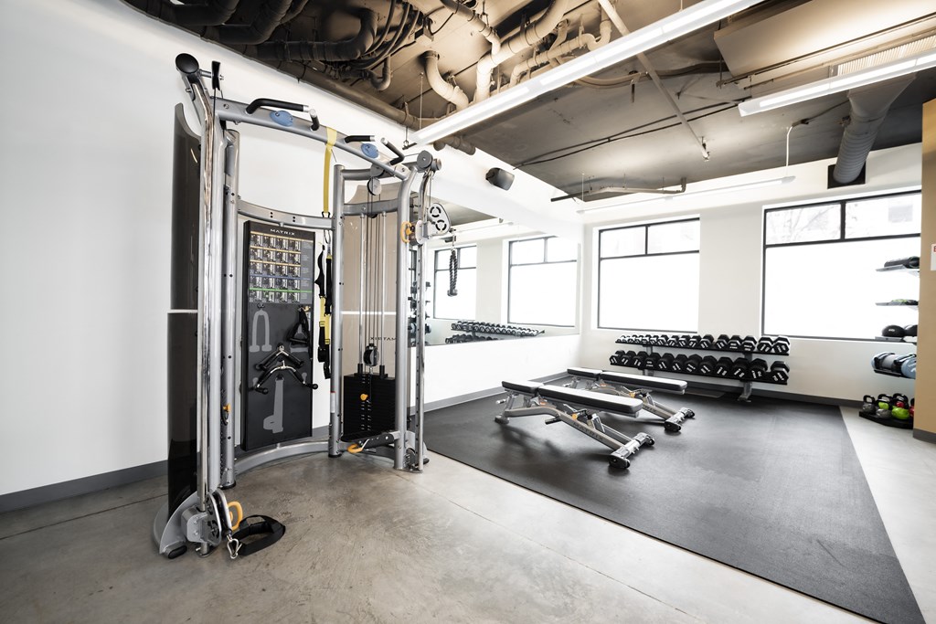 a fitness room with weights and cardio equipment in a gym