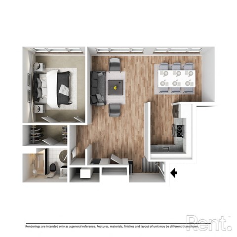 bedroom floor plan an open concept living and dining area with a large closet and a balcony