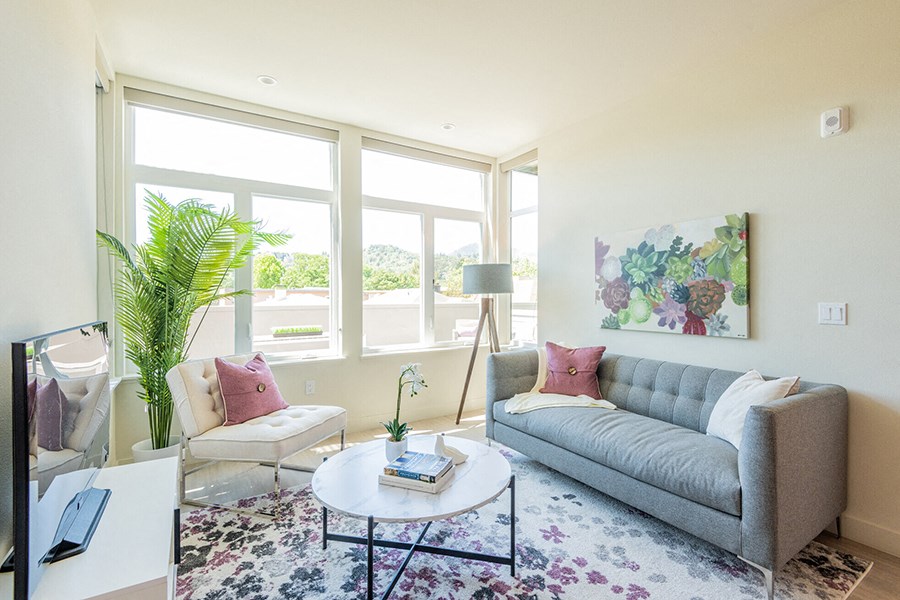 Living room with over-sized windows and lots of natural lighting