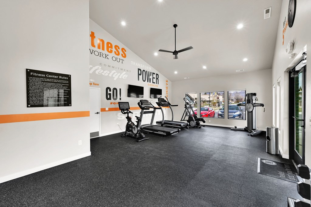 A gym with a treadmill, exercise bike and other equipment.
