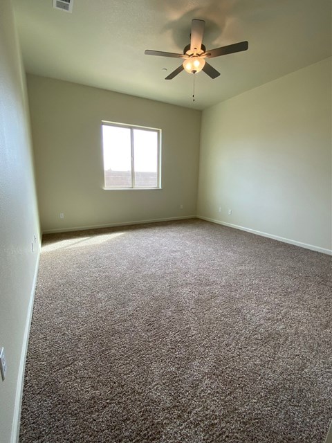 Large bedroom with carpeting and ceiling fan