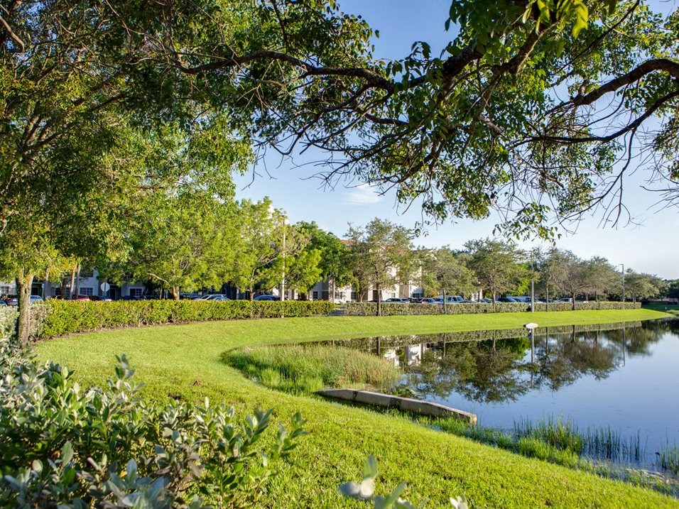Large lake with grass and fence at Banyan Pointe, Florida