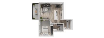 A 3D floor plan of a house with a kitchen, living room, and bathroom  at Whisperwood, WA 98168