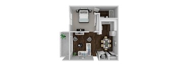 A 3D rendered image of a small apartment layout.