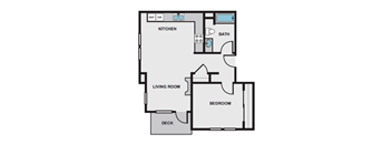 A floor plan of a small apartment with a kitchen, living room, bedroom, and bathroom.