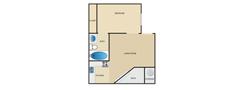 A floor plan of a small apartment with a bedroom, living room, kitchen, and bathroom.
