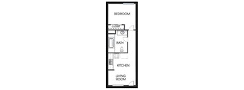 A floor plan of a small apartment with a bedroom, bathroom, kitchen, and living room.
