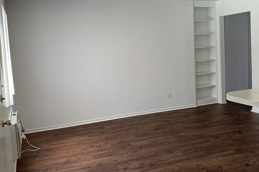 Living room with wood floors and shelves