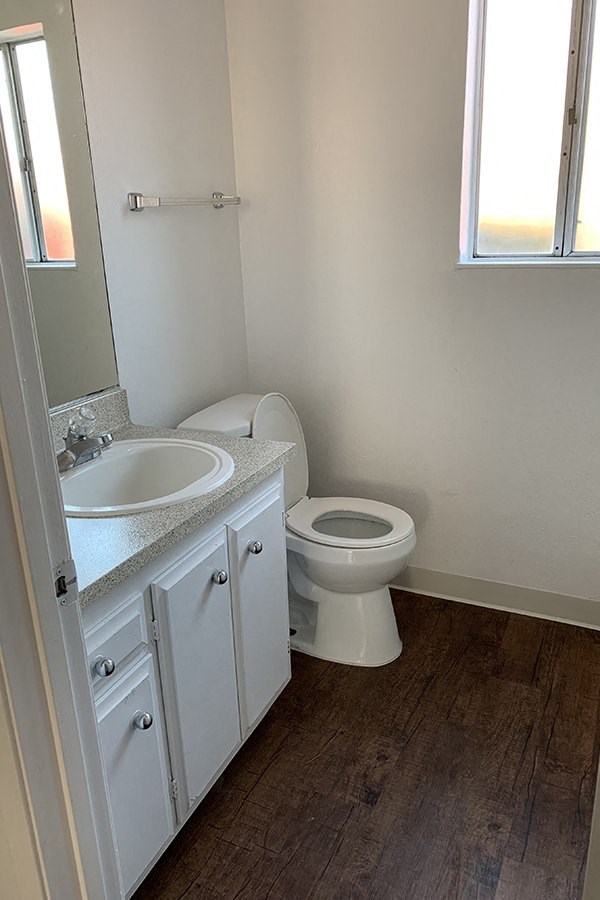 Bathroom with vanity and window