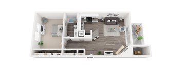 A floor plan of a small apartment with a kitchen, living room, and bedroom.