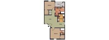 A floor plan of a house with a living room, dining room, kitchen, two bedrooms, a bathroom, and a porch.