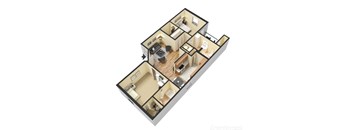 A 3D floor plan of an apartment with multiple rooms and furniture.