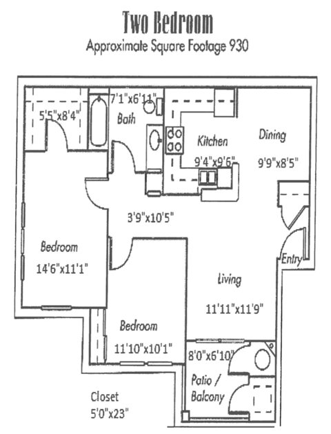 2 Bedroom 1 bath floorplan layout