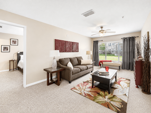 A living room with a grey couch, a coffee table, and a rug with a flower design.
