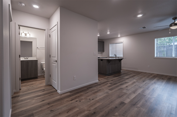 Wood plank flooring in kitchen and living with guest bath on same level - Photo Gallery 5