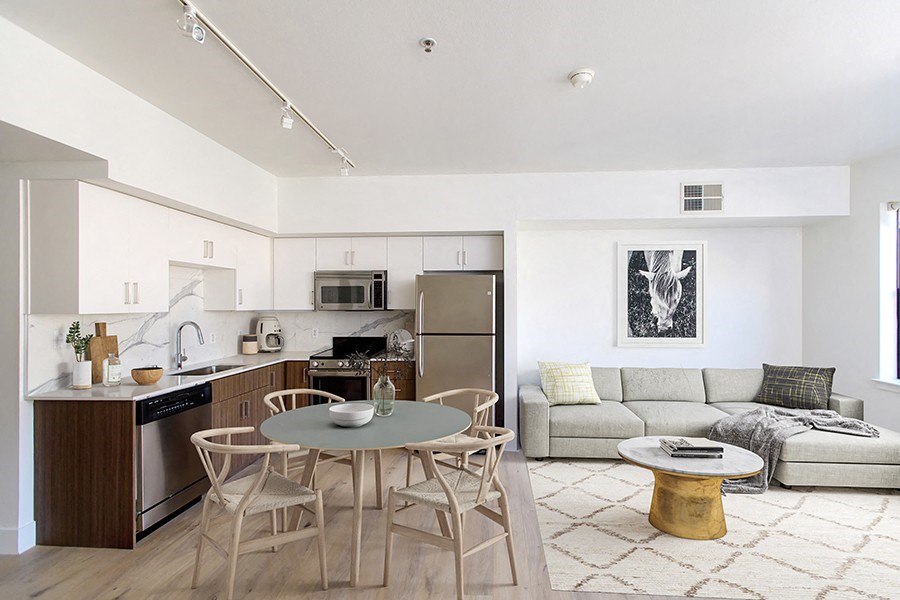 Living room, dining and kitchen