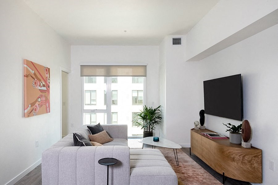 Pet Friendly Apartments in Downtown Sacramento CA - The Mansion - Living Room with White Walls, Plush Sofa, Coffeetable, Wooden TV Monitor, Mounted TV, Side Table, Wall Art, Large Windows, and House Plant