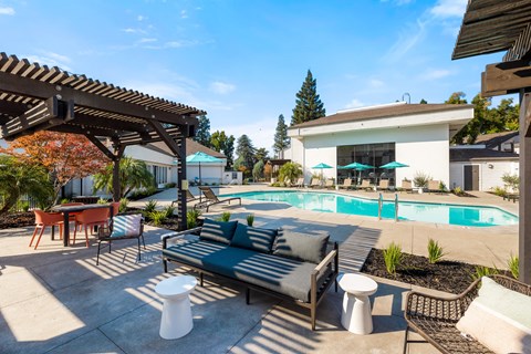 Arlo pool area with BBQ and lounge area at THE ARLO, Citrus Heights, California