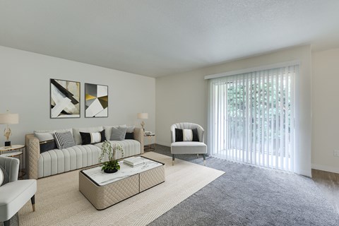 Sherwood Apartments- Township Sherwood- Modern Decor with Glass Sliding Doors and Wall-to-Wall Carpeting at TOWNSHIP SHERWOOD, Sherwood, OR, 97140
