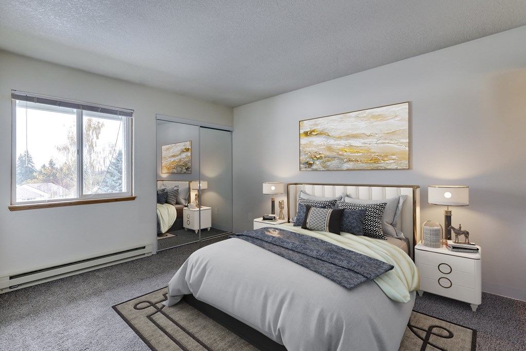 Bedroom with cozy bed and lamp at TOWNSHIP SHERWOOD, Sherwood, OR, 97140