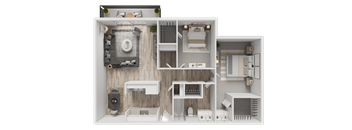 A 3D model of a house layout with various rooms and furniture  at Whisperwood, Seattle, WA 98168