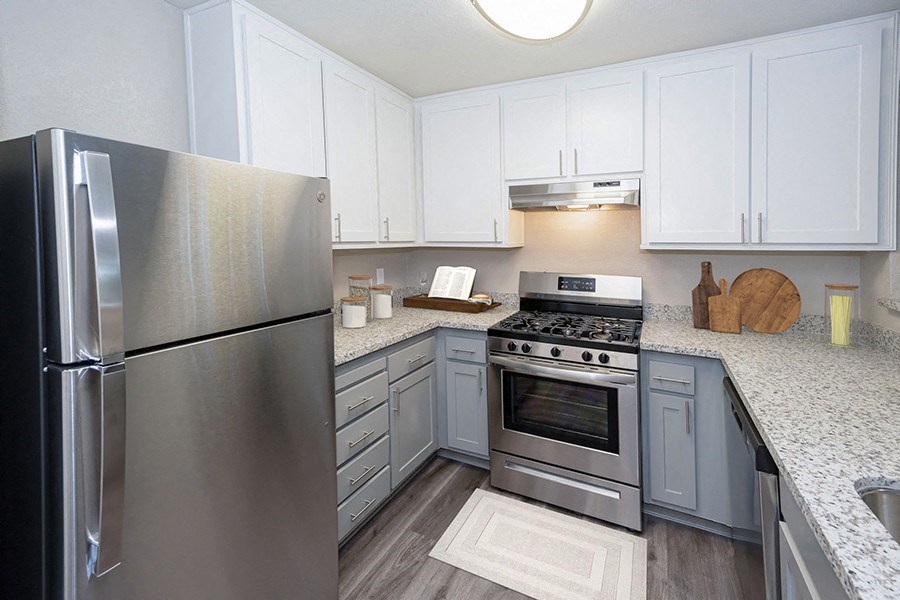 1 BR Apartments in San Leandro CA - Gateway Apartments - Digital Rendering of a Kitchen with Stainless Steel Appliances