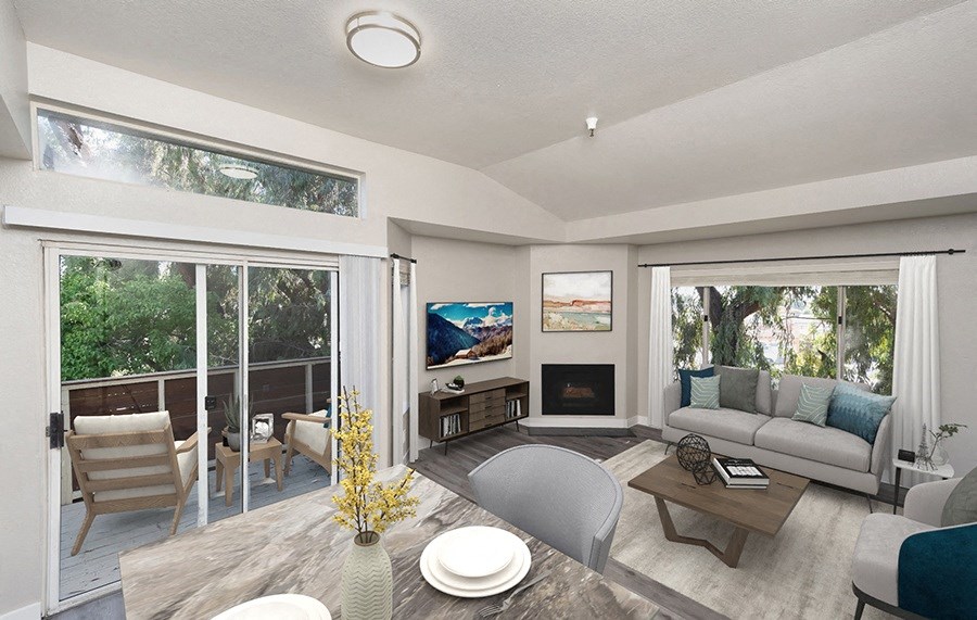 Apartments for Rent in San Leandro, CA - Gateway Apartments - Living Room with Computer Generated Furniture, Fireplace, and Patio