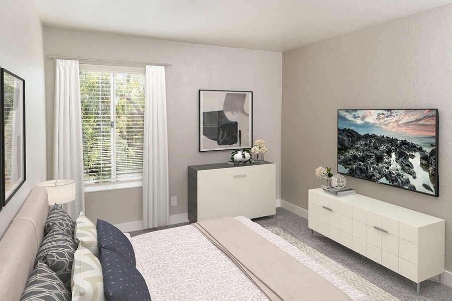 San Leandro CA Apartments - Gateway Apartments - Digital Rendering of a Bedroom with Plush Carpeting