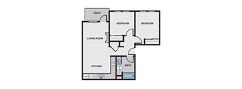 A floor plan of a house with a deck, two bedrooms, a living room, a kitchen, and a bath.