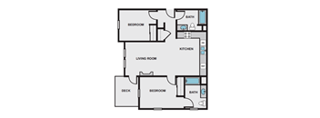 A floor plan of a house with a living room, kitchen, two bedrooms, a bathroom, and a deck.