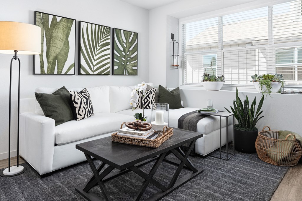a living room with a white couch and black and white decor