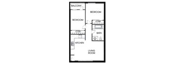 A floor plan of a small apartment with two bedrooms, a living room, a kitchen, and a bathroom.