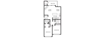 A black and white image of a floor plan for a two bedroom apartment.