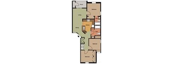 A floor plan of a house with a living room, dining room, kitchen, and two bedrooms.
