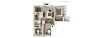 A 3D floor plan of a small apartment with a kitchen, living room, and bedroom.