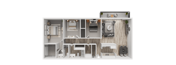 A 3D floor plan of a house with multiple rooms  at Whisperwood, Seattle, WA