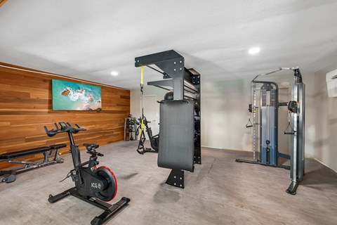 A home gym with a stationary bike, a squat rack, and a bench.